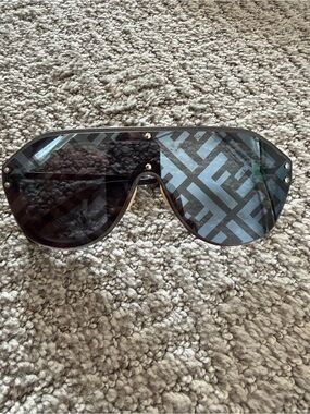Fendi Black Patterned Shield Sunglasses with Silver Accents